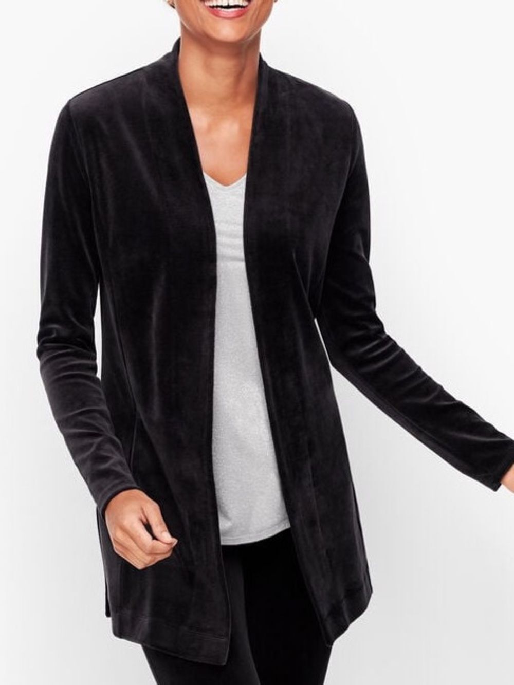 Talbots Women's Luxe Velour Open Front Cardigan Black Small with 2 pockets